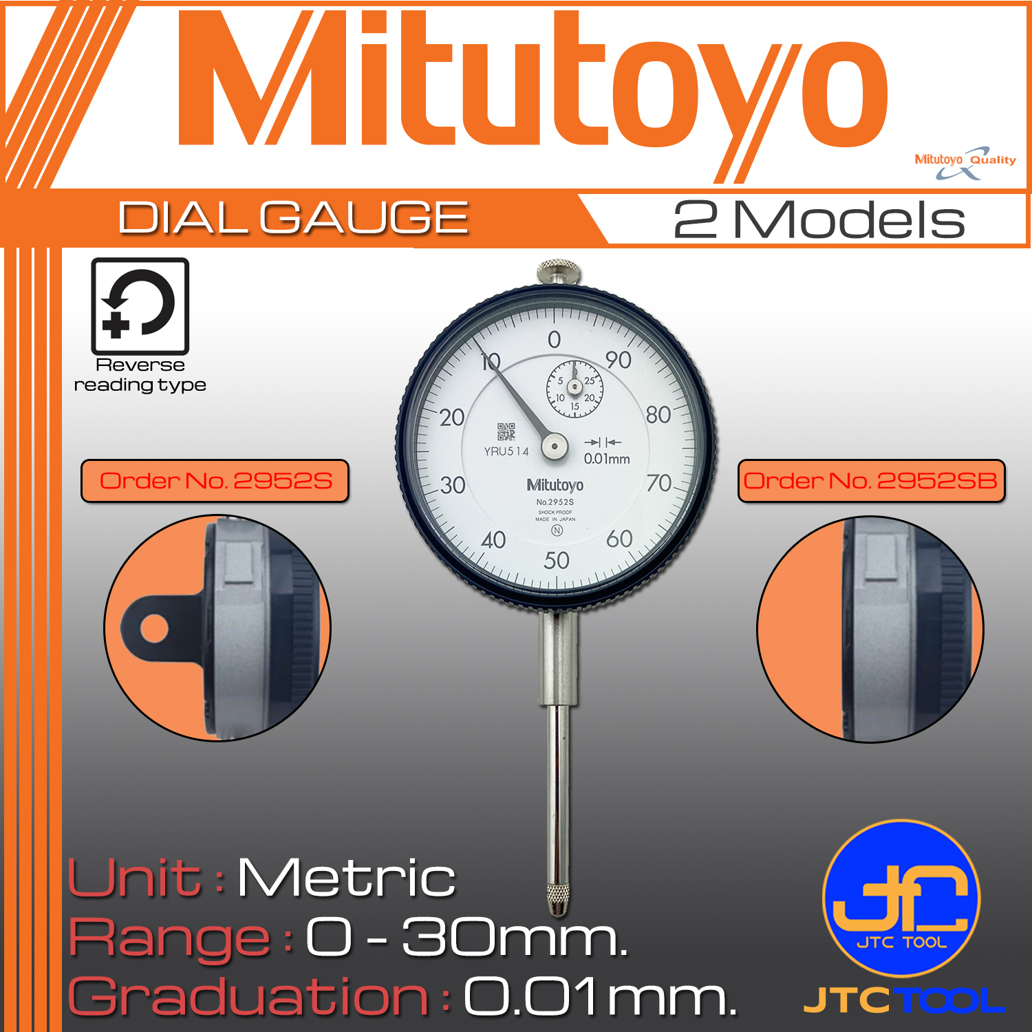 Mitutoyo ไดอัลเกจแบบยาว ขนาด 0-30มิล ความละเอียด 0.01มิล รุ่น 2952S และ 2952SB - Dial Indicators Long Stroke Type Range 0 - 30mm. Graduation 0.01mm. No. 2952S and 2952SB