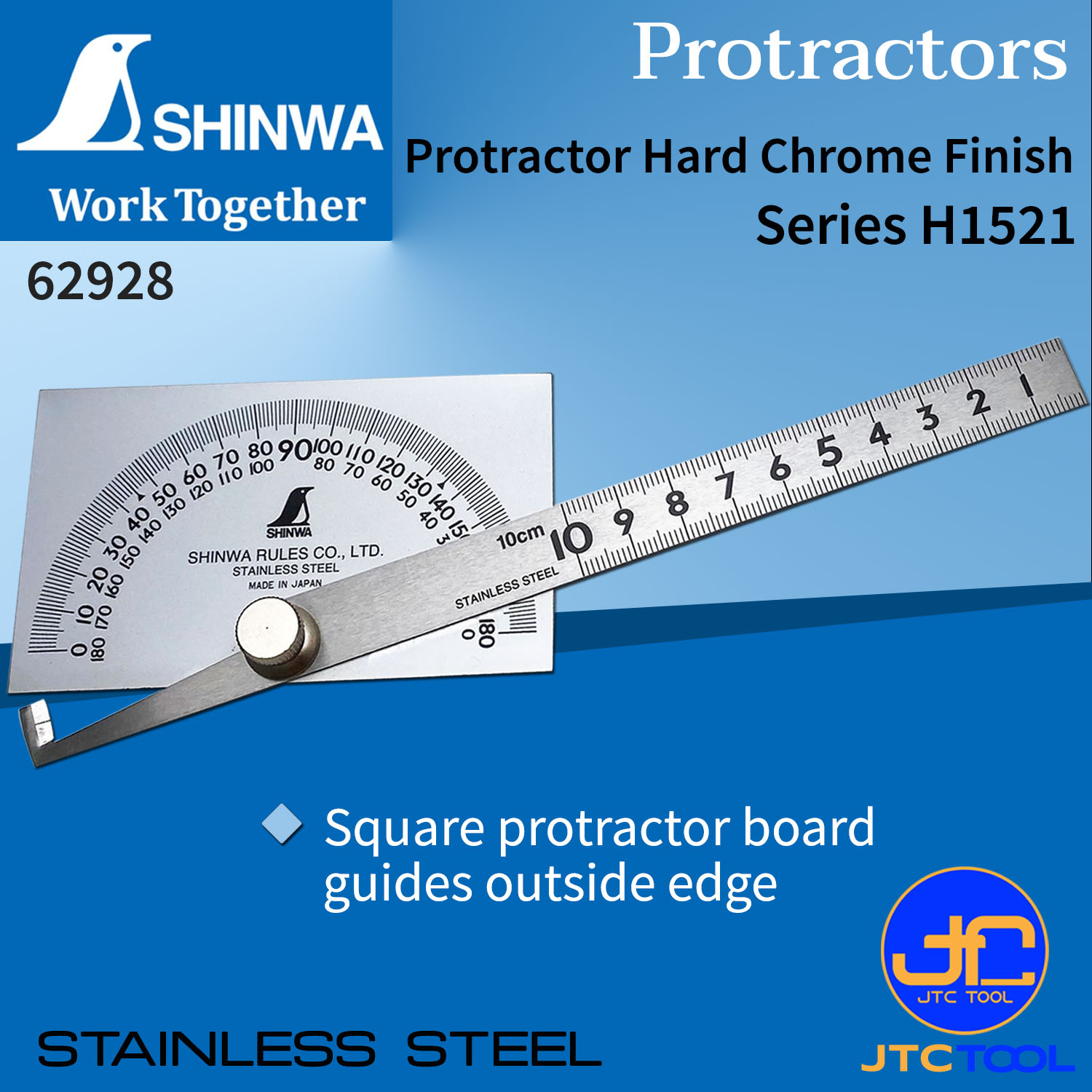 Shinwa ครึ่งวงกลมวัดองศา สเกลสลักและเคลือบด้วยโครม รุ่น 62928 - Stainless Steel Protractor. Square 10cm No.62928