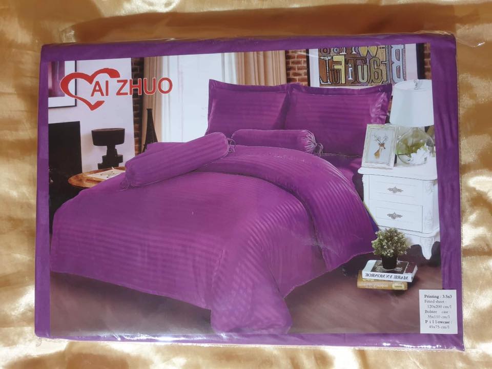 โปรลดราคา! ผ้าปูที่นอน สีพื้นลายริ้ว 5, 6 ฟุต 5 ชิ้น งานโรงแรมเกรด 4 ดาว ส่งด่วน ฟรี!