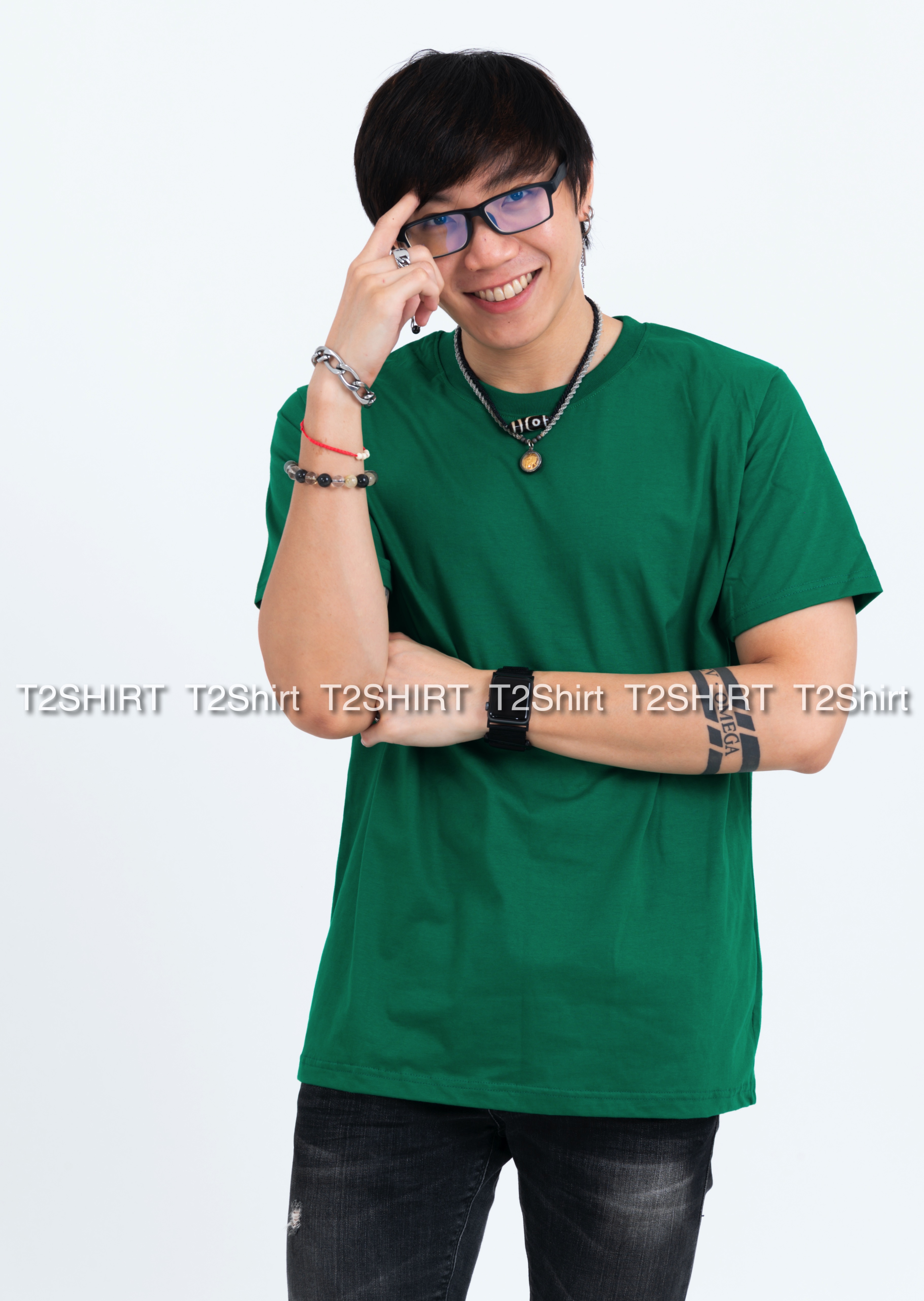 เสื้อยืด คอกลม แขนสั้น สีเขียวใบไม้ Size 2XL