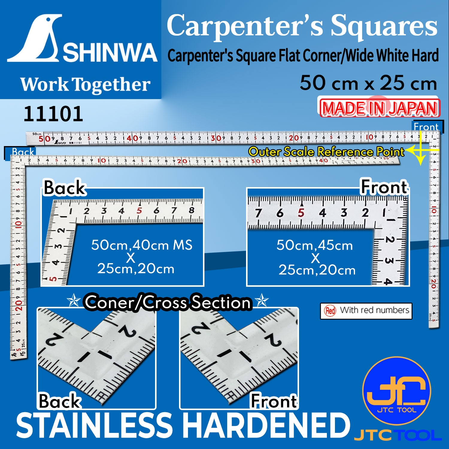 ฉากสแตนเลสสีขาวมาตราฐาน JIS ขนาดกลาง - Carpenter's Square Flat Corner/Wide White Hard Chrome [Brand: Shinwa]