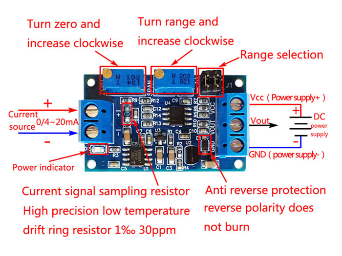 โมดูลแปลงกระแสเป็นโวลต์ Current to voltage module 0/4-20mA to 0-3.3V 5V 10V voltage transmitter signal conversion