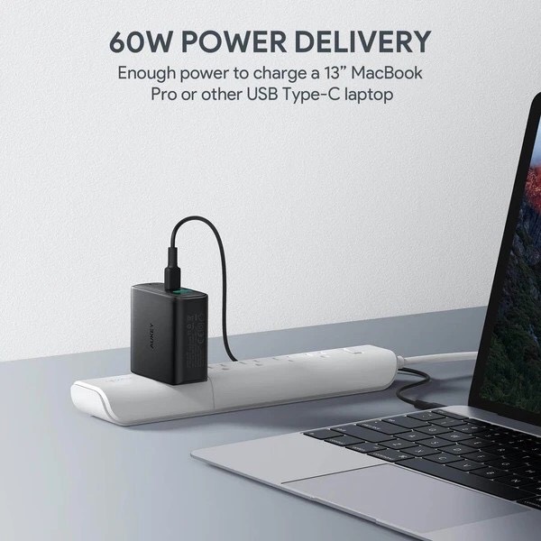 Adapter Aukey PA-D3 60W Dynamic USB-C Power Delivery หัวปลั๊กชาร์จเร็ว 60W และ ช่อง AiPower Fast Charge รุ่น PA-D3