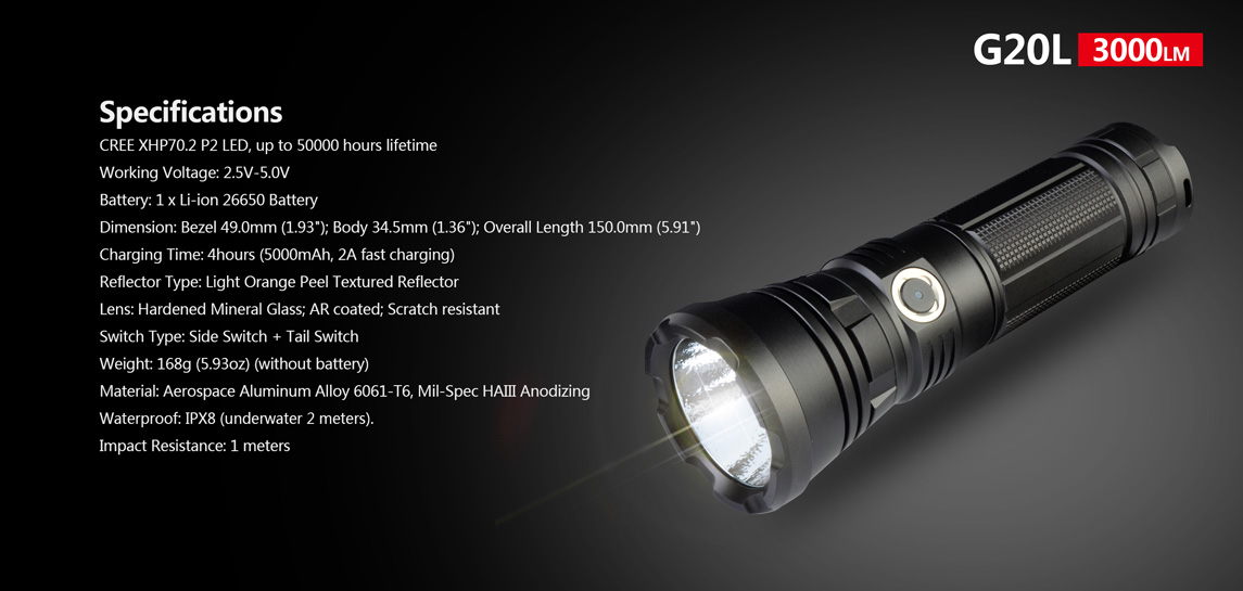 ไฟฉายพกพาคุณภาพสูง แบบแสงกว้าง Klarus G20L