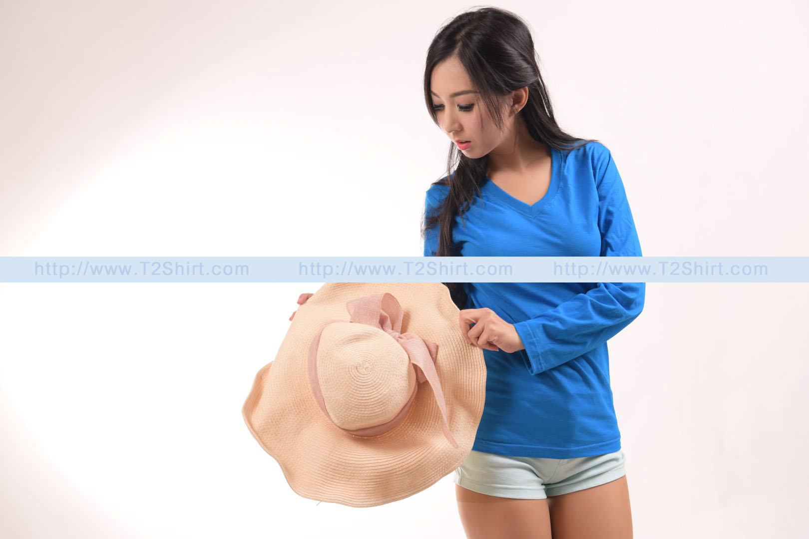 เสื้อยืด คอวี แขนยาว สีฟ้าน้ำทะเล Size 4XL