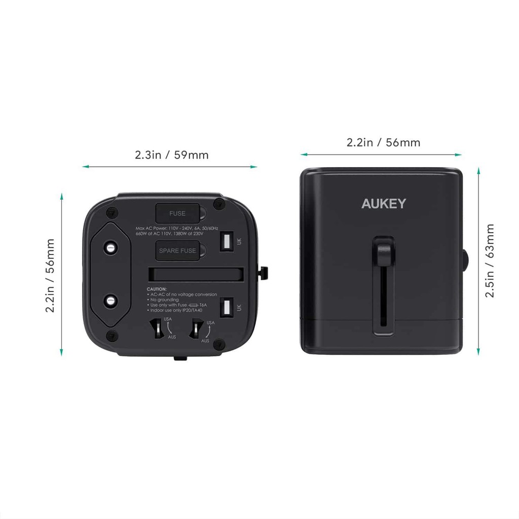 Adapter หัวแปลงปลั๊กไฟ AUKEY Universal Travel Adapter พร้อม ช่อง USB-C และ USB-A สีดำ (PA-TA01)