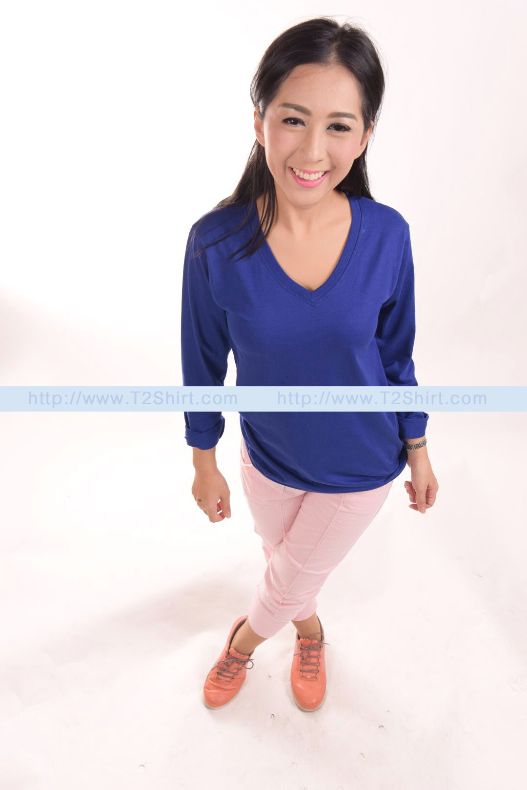 เสื้อยืด คอวี แขนยาว สีน้ำเงิน Size 4XL
