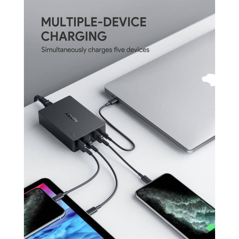 Adapter Aukey ชาร์จเร็ว ( 5 Port | PD | QC 3.0 | Fast Charger | GaN | 63W ) - Black