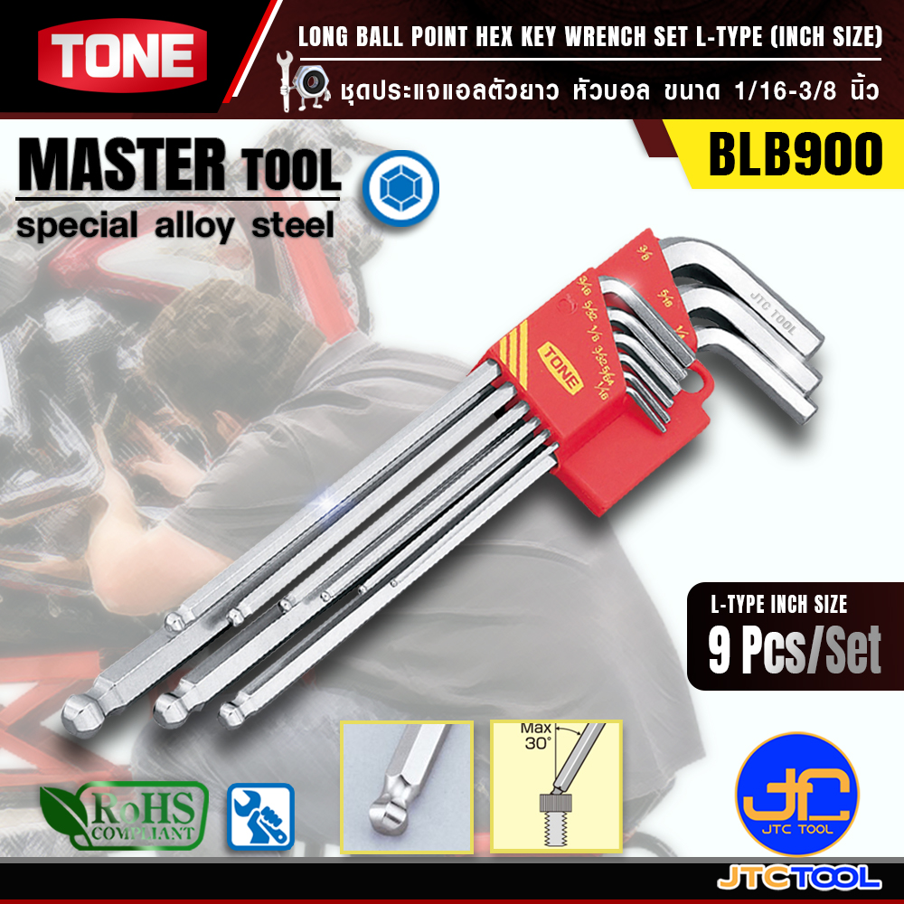 TONE ชุดประแจแอลยาวหัวบอล ขนาด 1/16-3/8 นิ้ว รุ่น BLB900 - Long Ball Point Hex Key Wrench Set Model BLB900