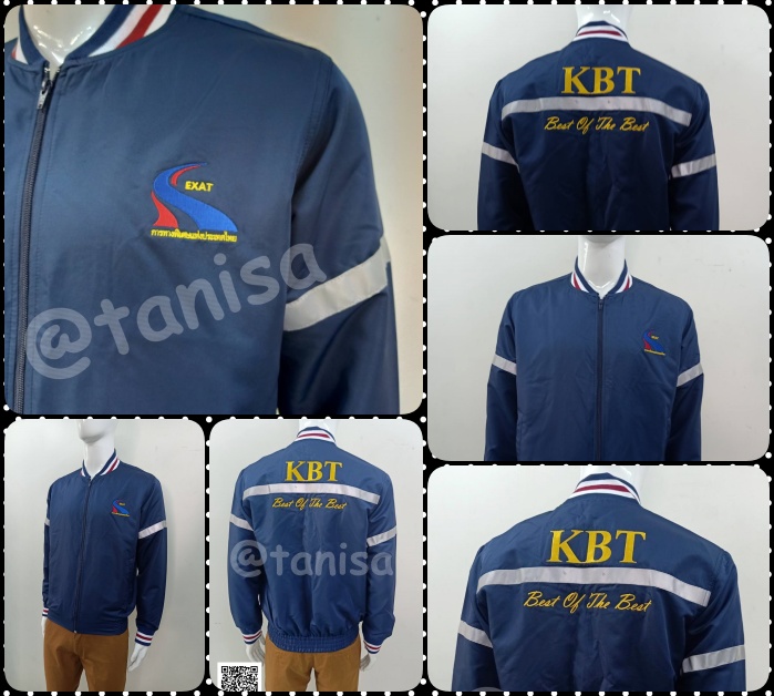 เสื้อแจ็คเก็ตสีกรมท่าคอเบสบอล ขอบทอหลายสี ทรงบอมเบอร์ ติดเทปสะท้อนแสง เสื้อคลุมกันลม ผ้าไมโครไฟเบอร์งานสั่งผลิต