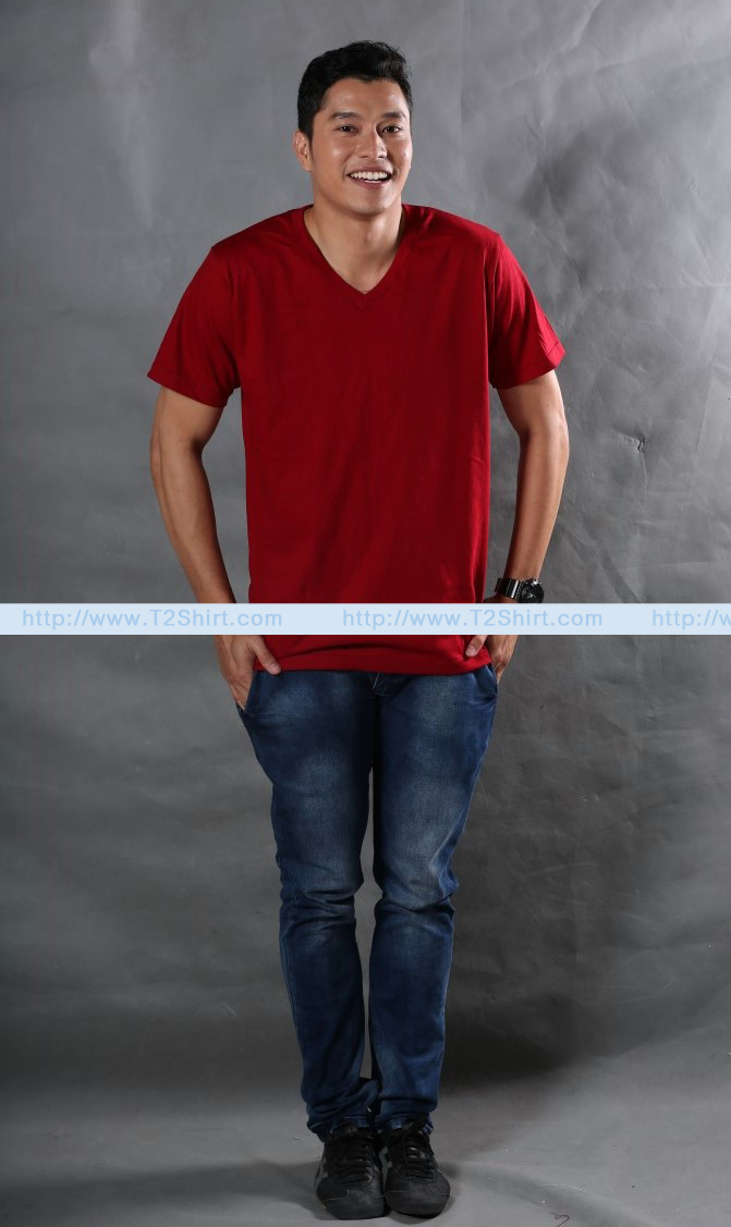 เสื้อยืด คอวี แขนสั้น สีเลือดหมู Size 3XL