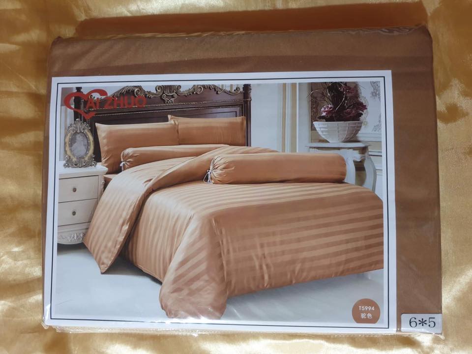 โปรลดราคา! ผ้าปูที่นอน สีพื้นลายริ้ว 5, 6 ฟุต 5 ชิ้น งานโรงแรมเกรด 4 ดาว ส่งด่วน ฟรี!