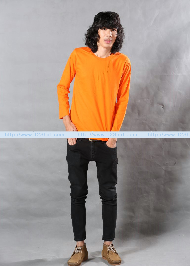 เสื้อยืด คอกลม แขนยาว สีส้ม Size XL