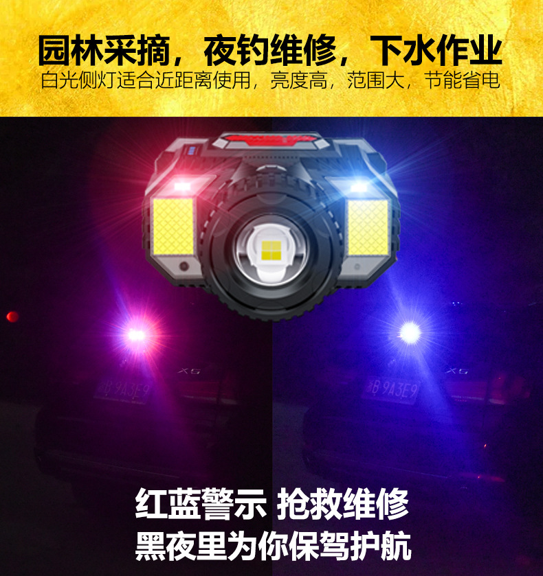 ไฟฉายคาดศีรษะแบบปรับขยายได้ มีหลอด 3 แบบ LED และ COB และ SMD หลอดสี แดง น้ำเงิน Strong Wolf TG-T009 ตัวไฟฉายสีดำ พร้อมอินฟราเรด แสงสีขาว