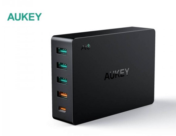 Adapter Aukey ชาร์จเร็ว ( 5 Port | PD | QC 3.0 | Fast Charger | GaN | 63W ) - Black
