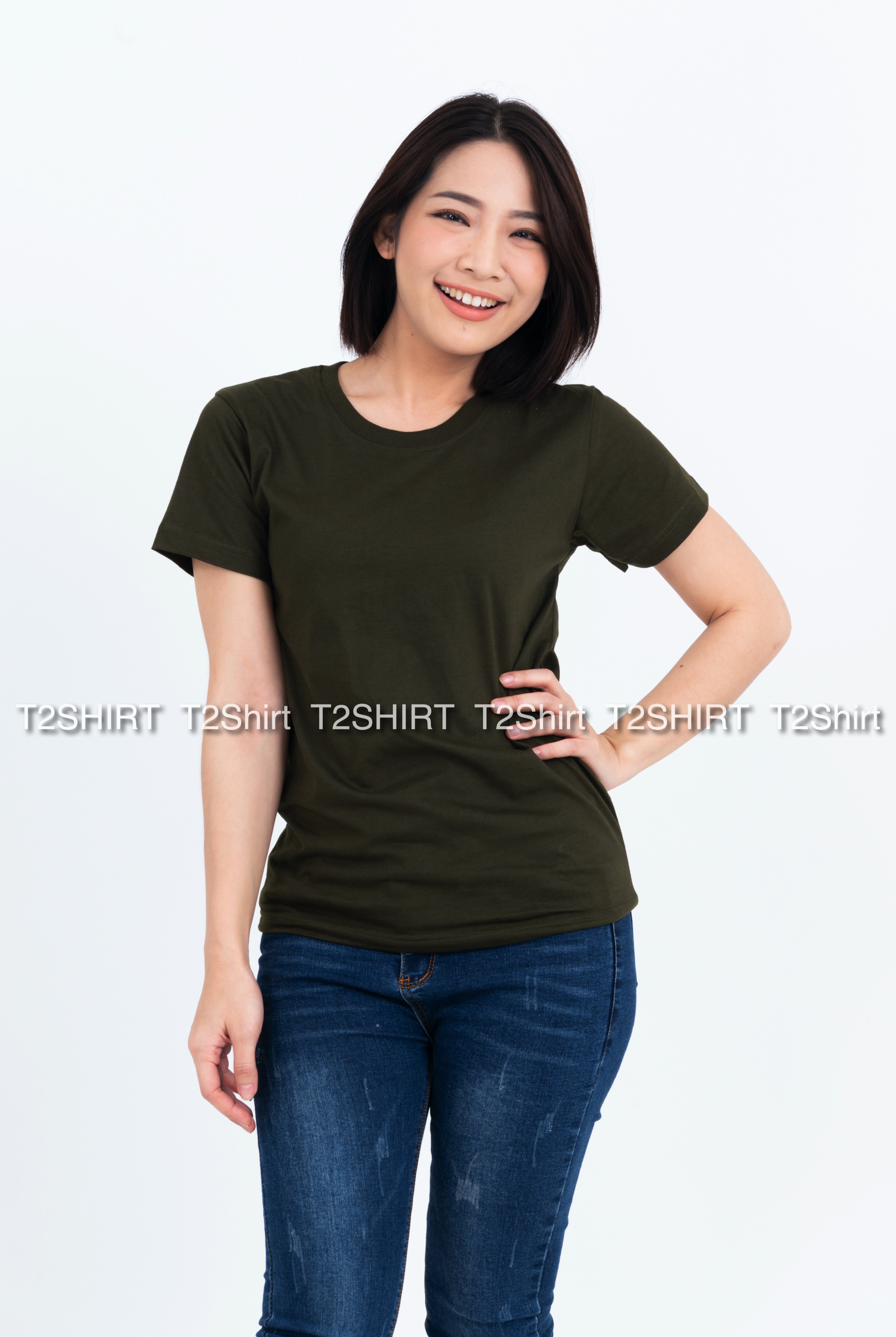 เสื้อยืด คอกลม แขนสั้น สีเขียวขี้ม้า Size 2XL