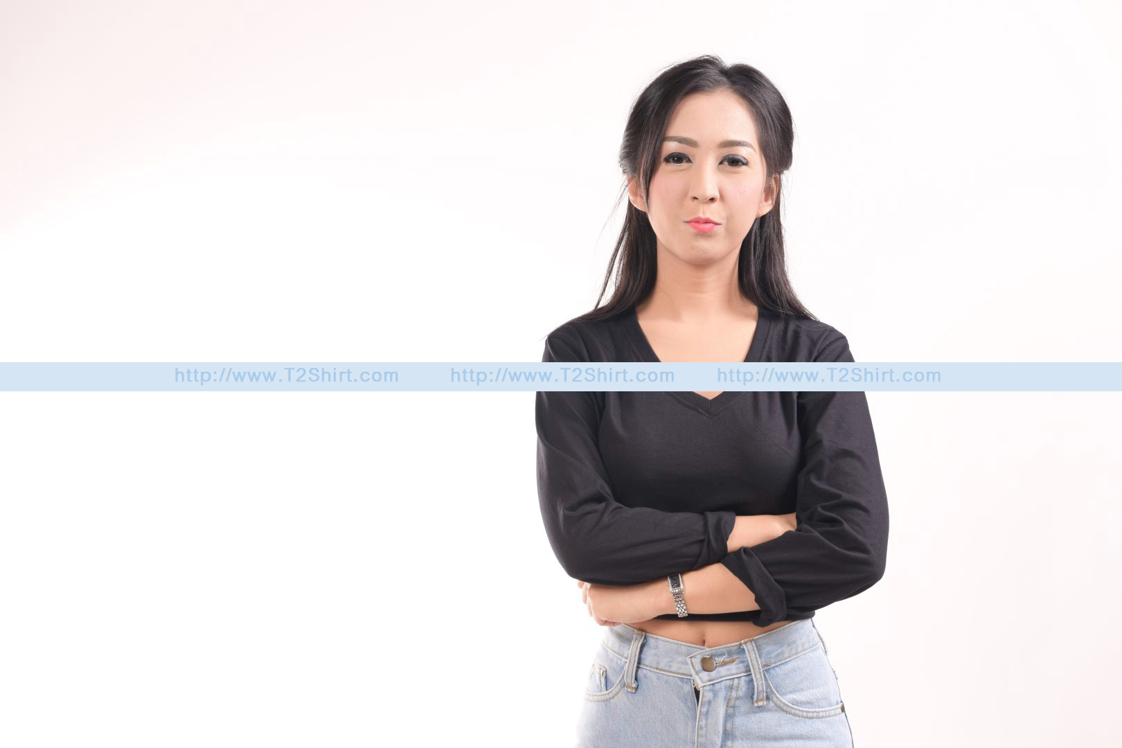เสื้อยืด คอวี แขนยาว สีดำ Size 2XL