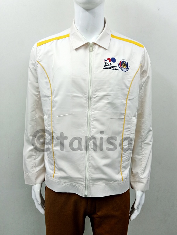 เสื้อแจ็คเก็ต เสื้อแจ็คเก็ตกึ่งสูท เสื้อแจ็คเก็ตผู้บริหาร สีครีม คอปก งานพร้อมส่ง เสื้อเปล่าสั่งปักได้ งานไทย