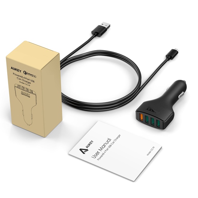 ที่ชาร์จในรถ Aukey 4-Port USB Car Charger Quick Charge 3.0 with PowerAll (QC 3.0 + QC 2.0) + แถมสาย USB (CC-T9)