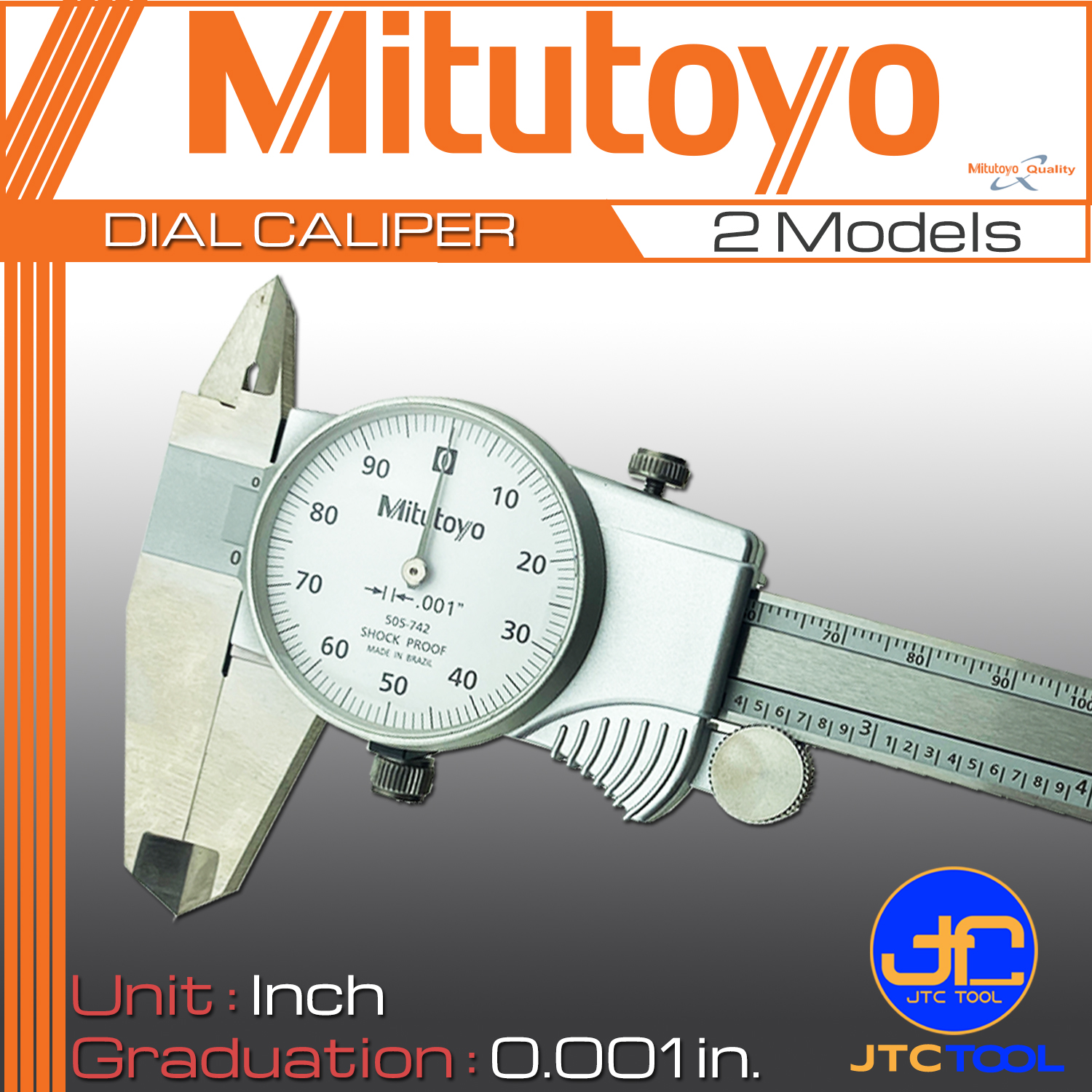 Mitutoyo เวอร์เนีย คาลิปเปอร์แบบเข็มหน่วยนิ้ว ความละเอียด 0.001นิ้ว ขนาด 6 , 8 นิ้ว รุ่น 505 - Dial Caliper Graduation 0.001 Inch Series 505