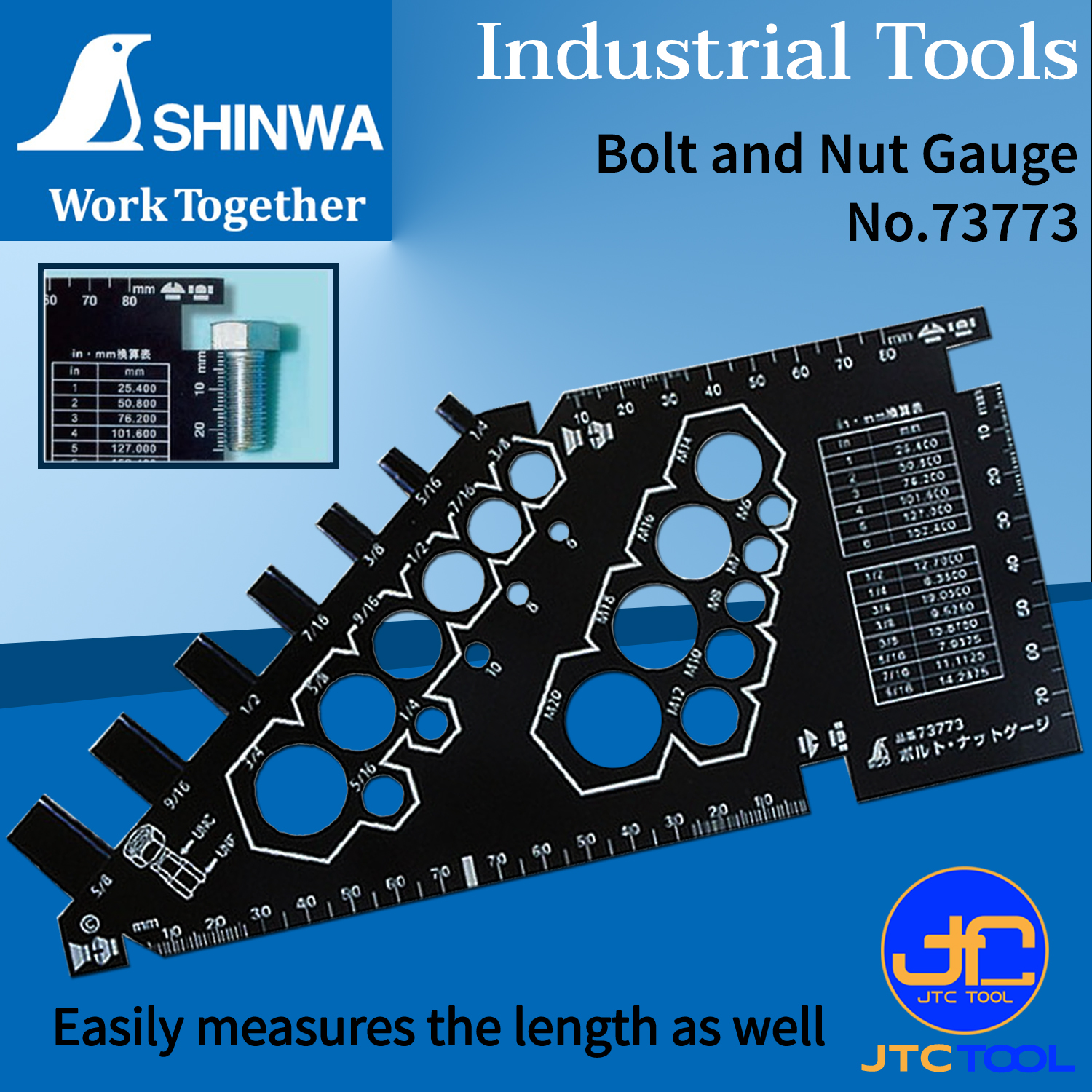 Shinwa เกจวัดขนาดสกรูและน๊อต มีตารางแปลงหน่วยนิ้ว/มิล รุ่น 73773 - Bolt & Nut Gauge No.73773
