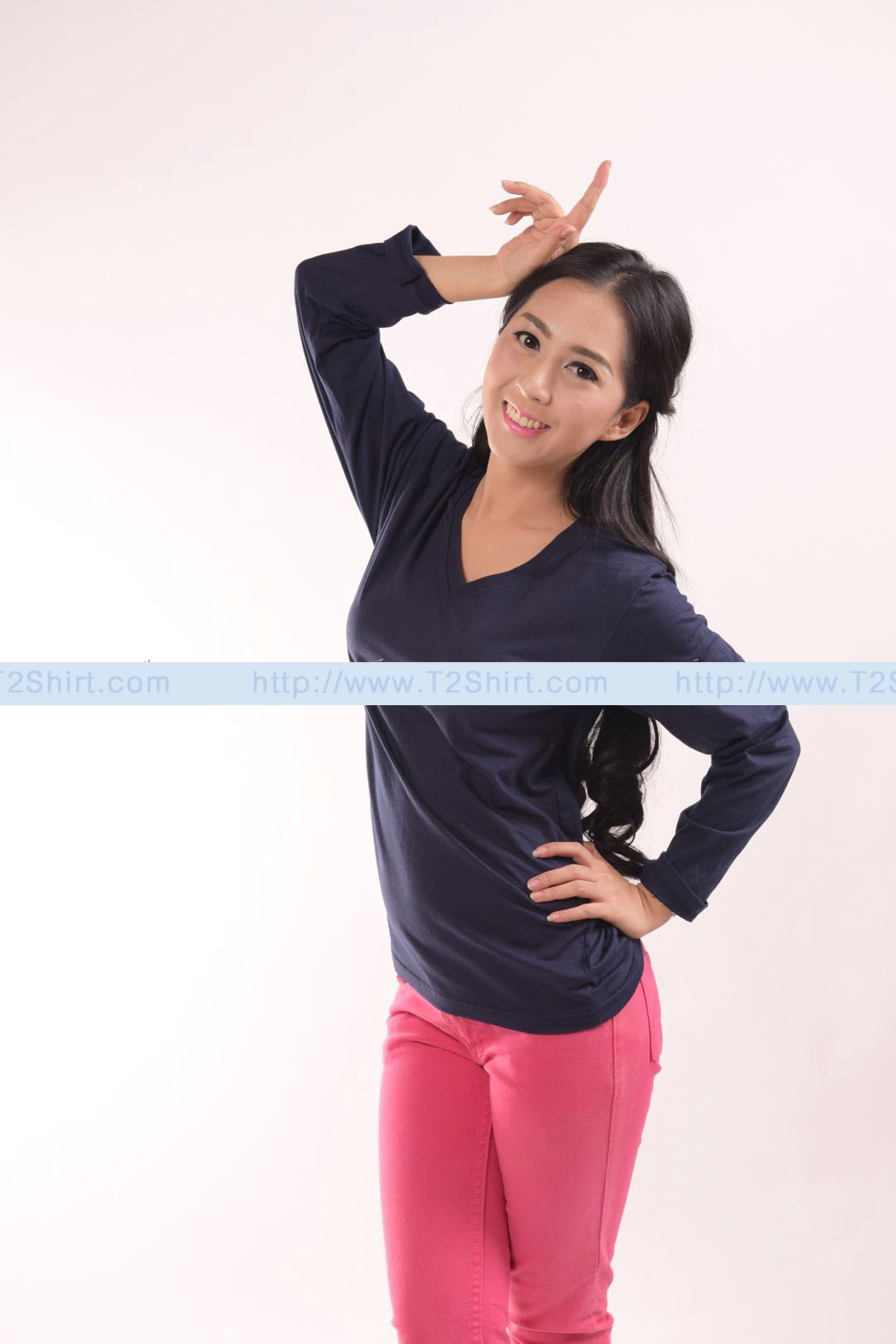 เสื้อยืด คอวี แขนยาว สีกรมท่า Size 2XL