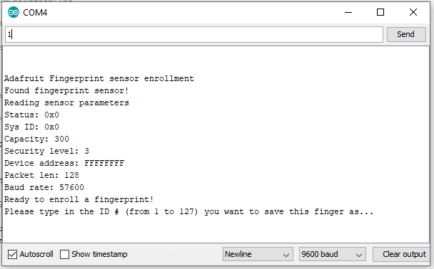 Output ของโปรแกรมทดสอบเซ็นเซอร์สแกนลายนิ้วมือ