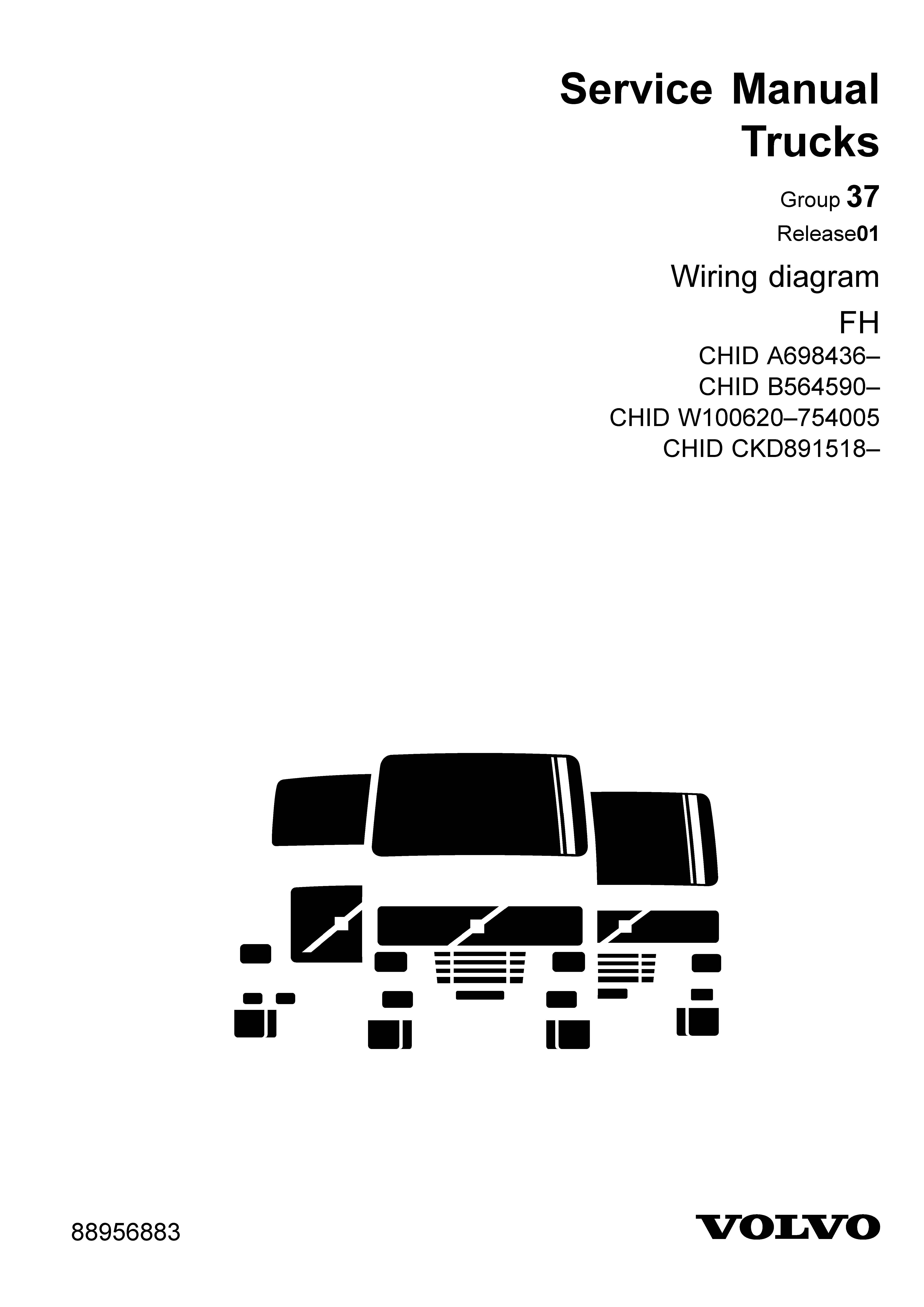 หนังสือ คู่มือซ่อม วงจรไฟฟ้า Wiring diagram Trucks Group 37 Release 01 FH CHID A698436, CHID B564590, CHID W100620–754005, CHID CKD891518 (ข้อมูลทั่วไป ค่าสเปคต่างๆ วงจรไฟฟ้า วงจรไฮดรอลิกส์)