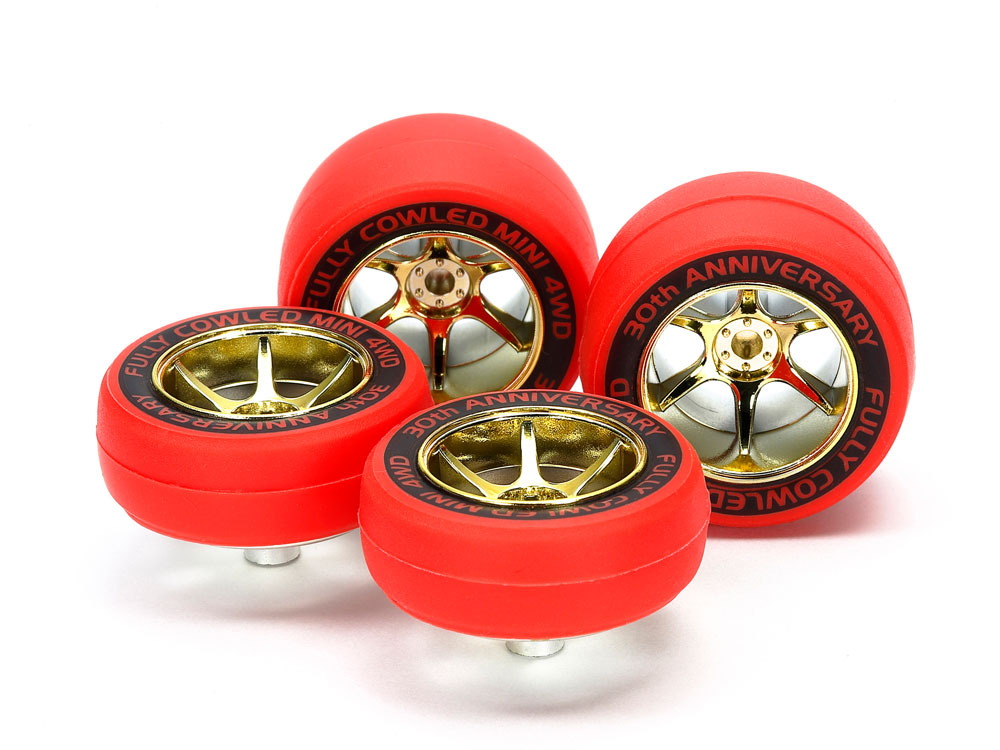 95665 Tamiya Mini 4WD Fully Cowled 30th Anniv. Red Slick Tires & Gold Color Plated Wheels