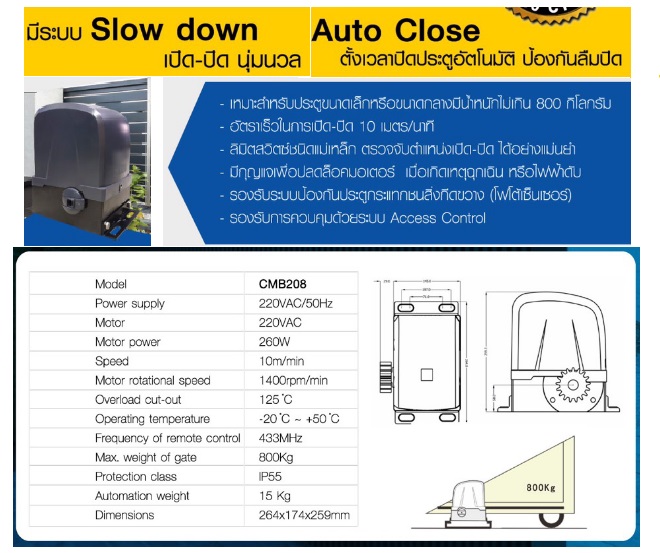 มอเตอร์ประตูรั้วไฟฟ้า cmb208 Remote