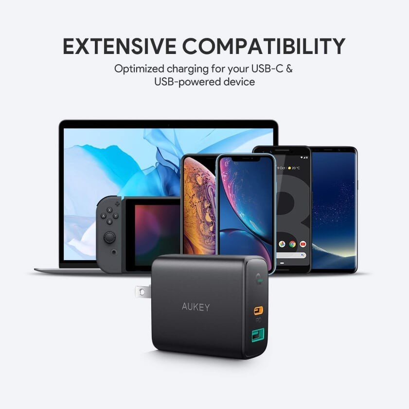 Adapter Aukey หัวปลั๊กชาร์จเร็ว Dynamic USB-C Power Delivery 30W และ AiPower Fast Charge ช่อง รุ่น PA-D1