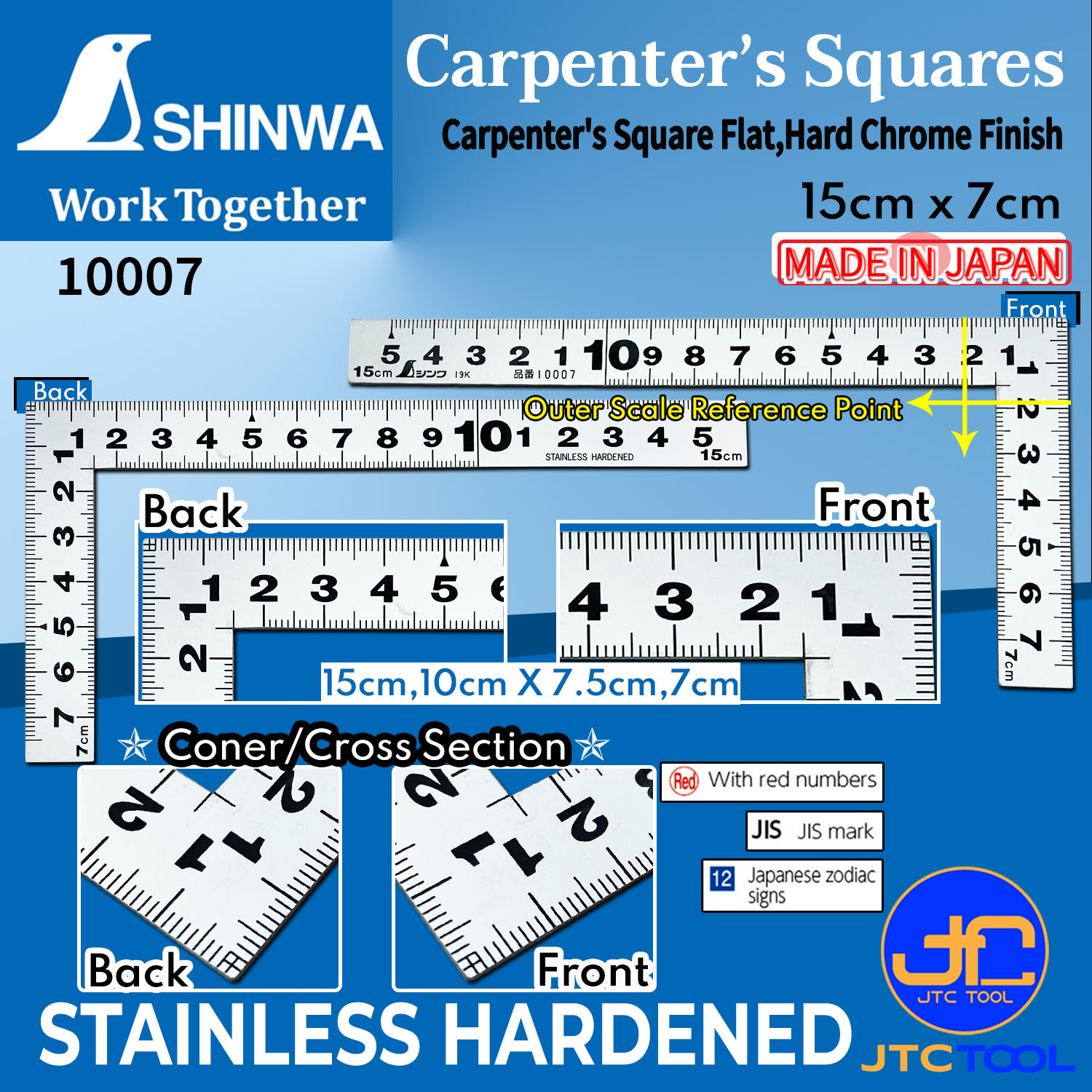 ฉากสแตนเลสมาตราฐาน JIS ขนาดกลาง - Carpenter's Square Flat,Hard Chrome Finish [Brand: Shinwa]