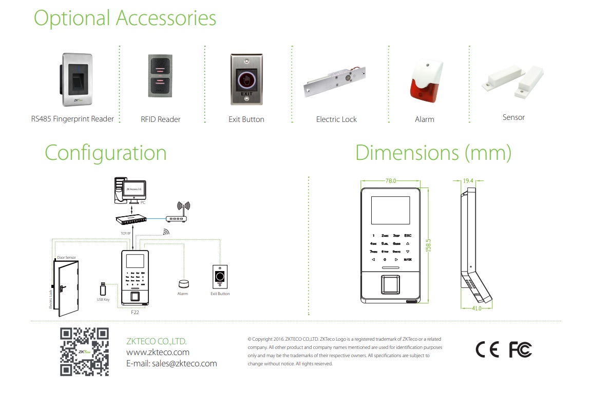 เครื่องสแกนลายนิ้วมือ zkteco f22 wifi