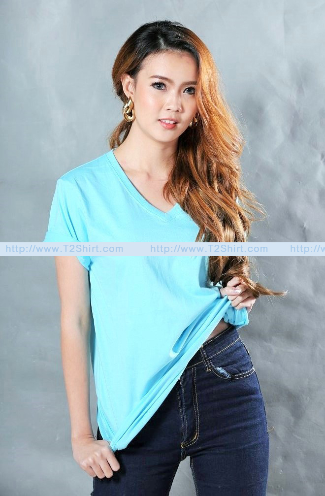 เสื้อยืด คอวี แขนสั้น สีฟ้าอ่อน Size 3XL