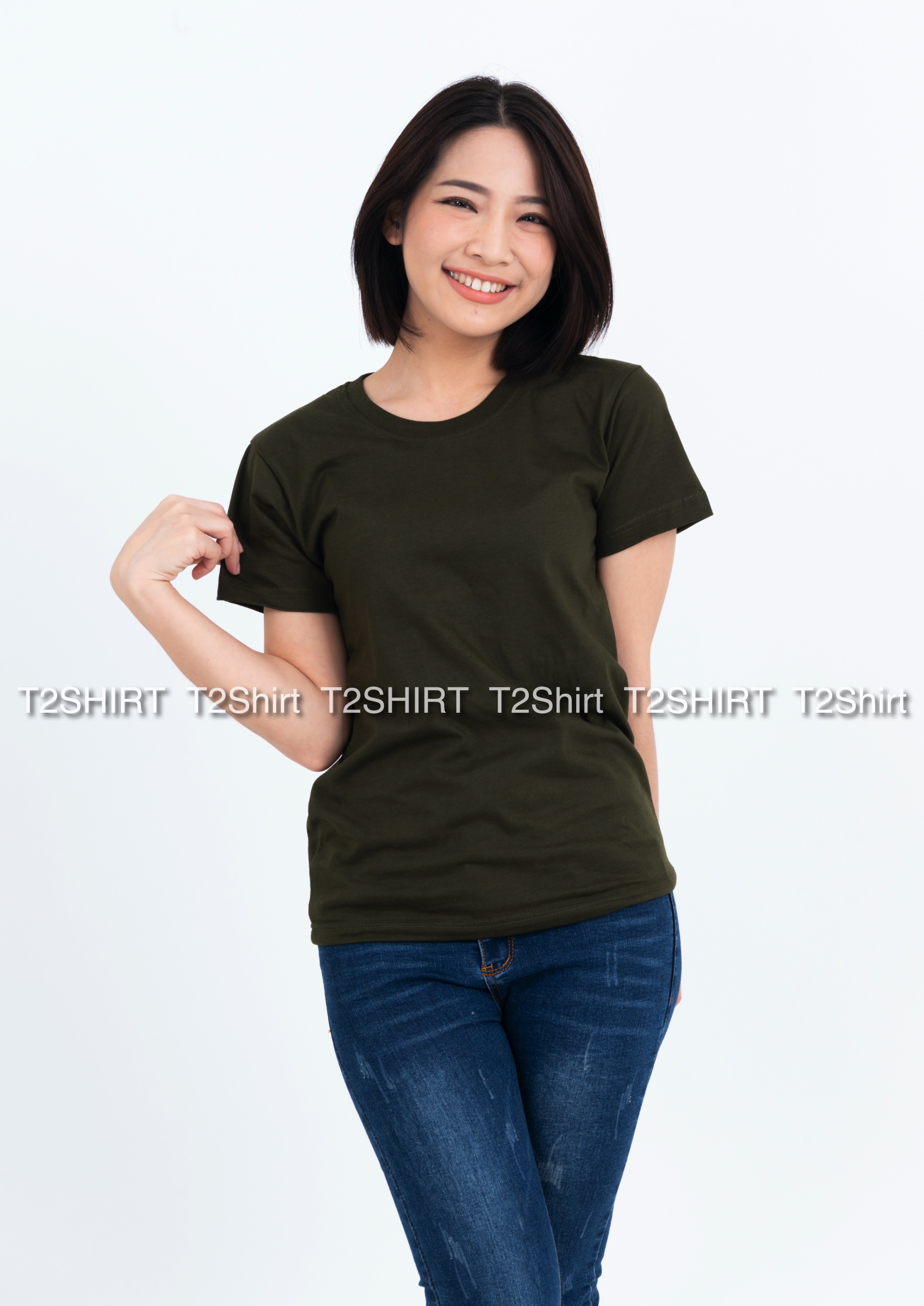 เสื้อยืด คอกลม แขนสั้น สีเขียวขี้ม้า Size 4XL