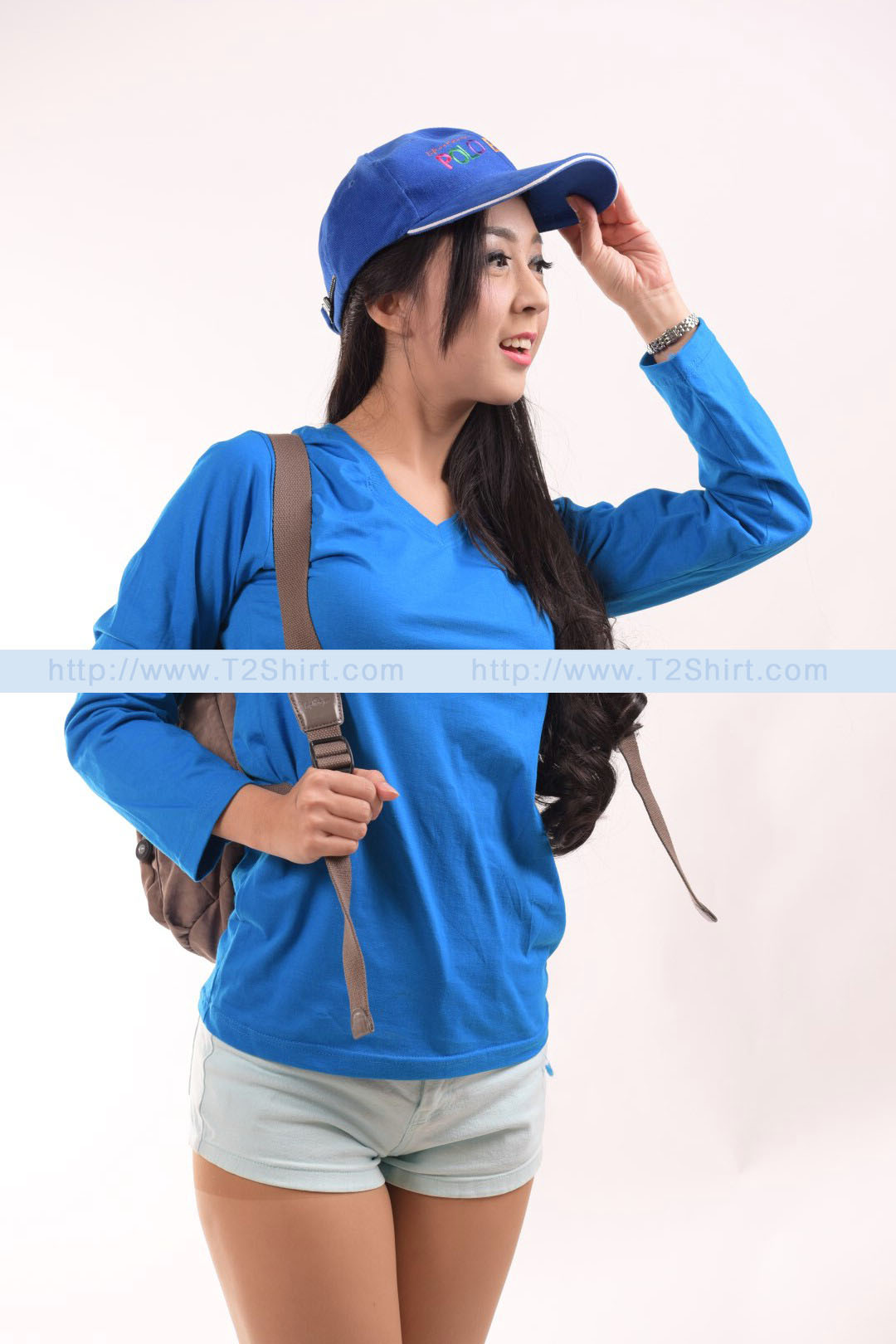 เสื้อยืด คอวี แขนยาว สีฟ้าน้ำทะเล Size XL