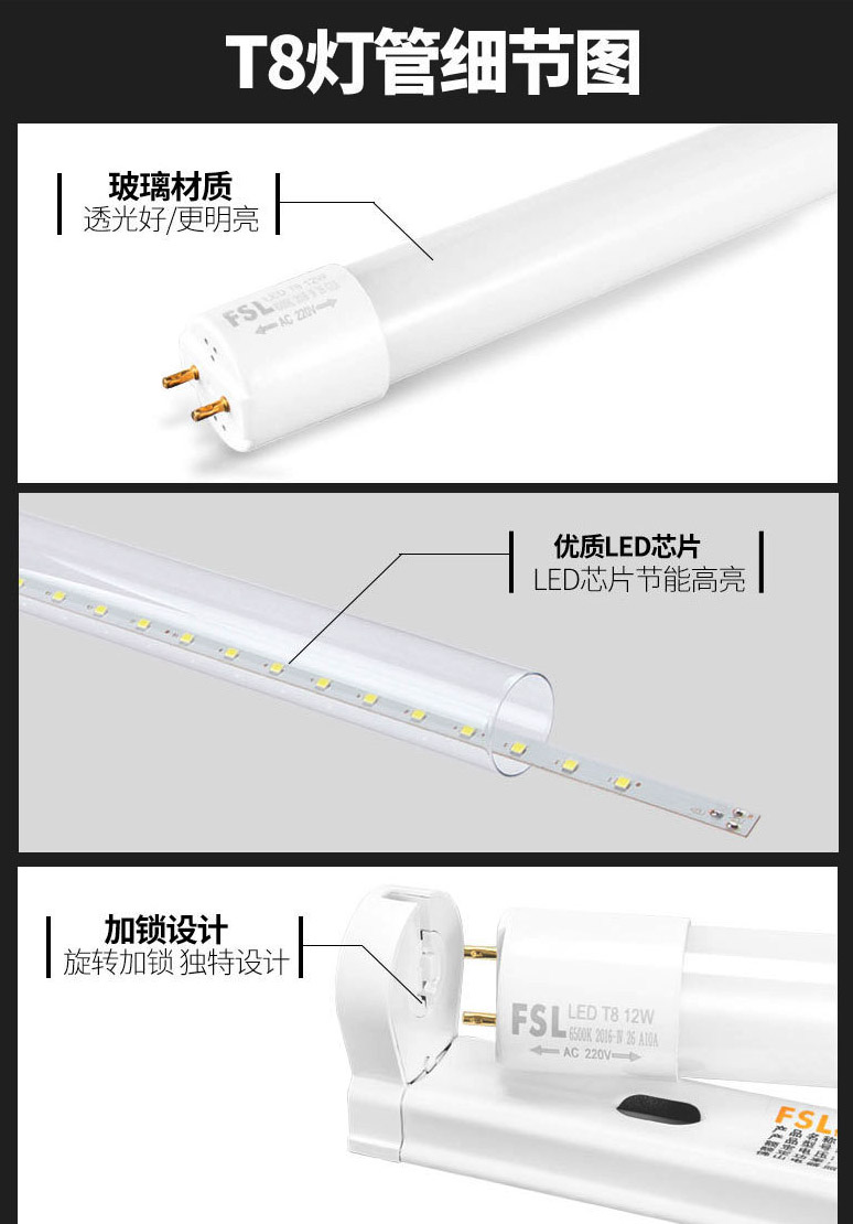 หลอด T8 LED Tube แบบฟลูออเรสเซนต์ 0.9 เมตร 12 watt พร้อมราง FSL แบบ 3 ชุด