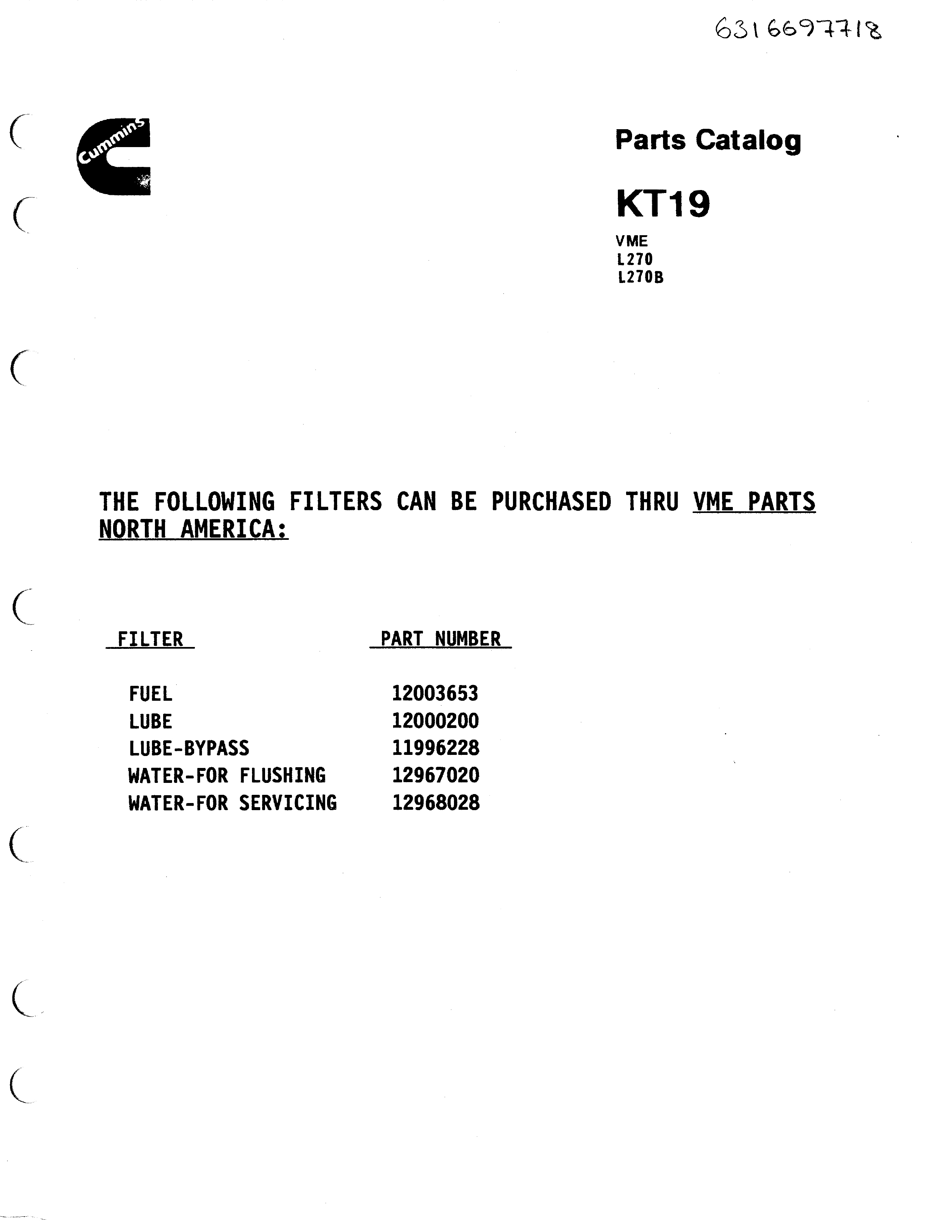 Cummins KT19 Parts Catalog (VME L270, L270B) หนังสือภาษาอังกฤษ