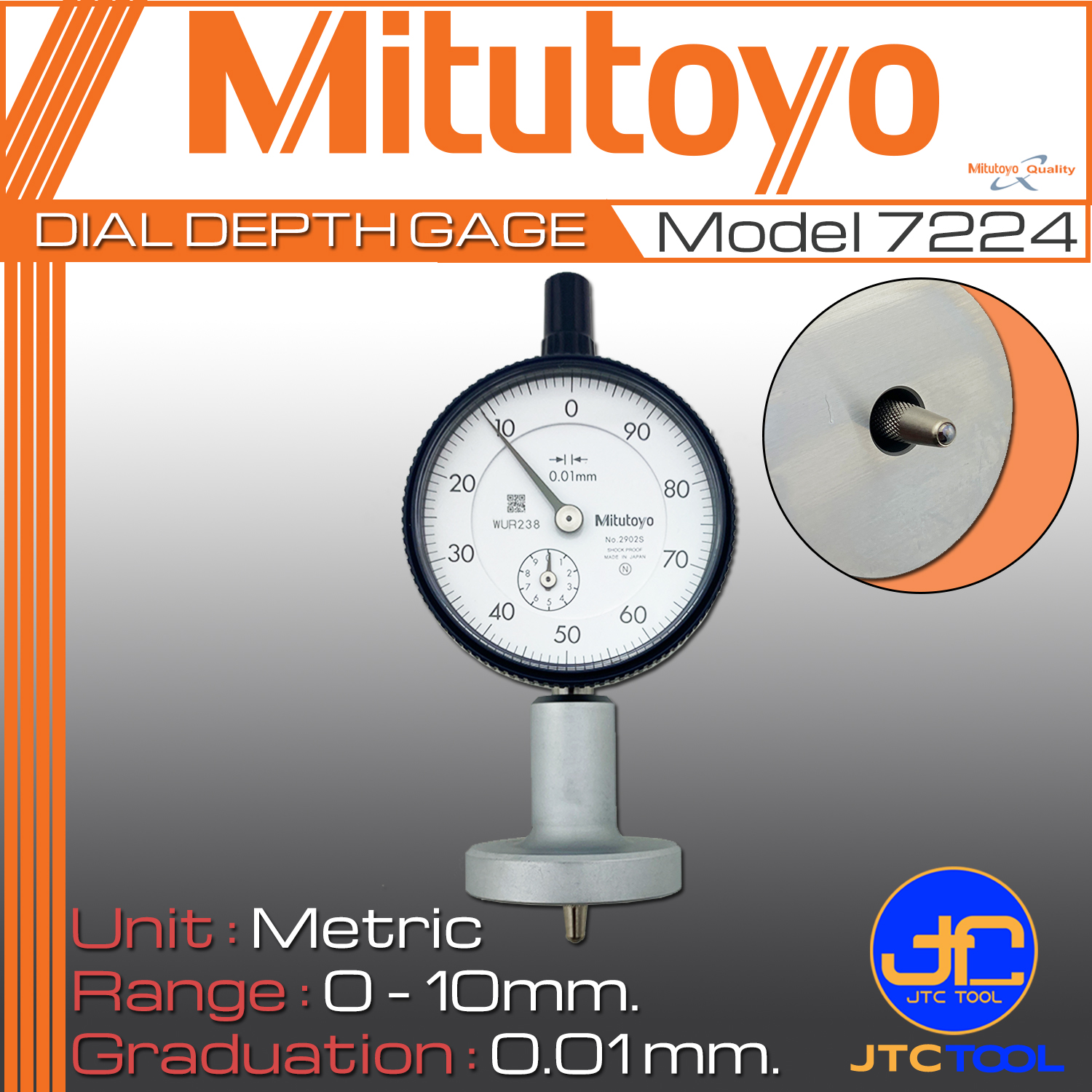 ไดอัลเกจวัดลึก ขนาด 0-10มิล ฐานแบบกลม 40 มิล รุ่น 7224 - Dial Depth Gage Range 0-10 mm. Round Base 40mm. No.7224