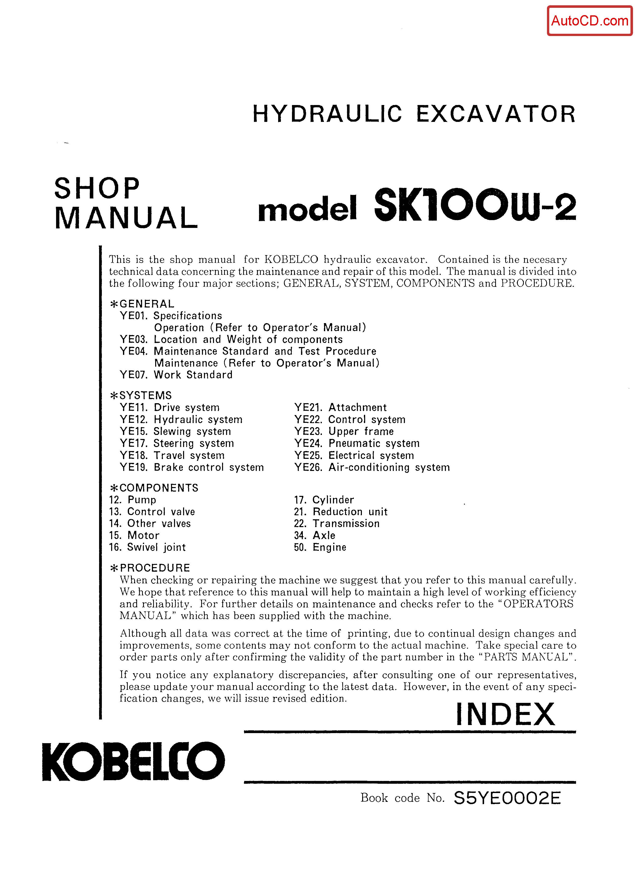 หนังสือ คู่มือซ่อม Kobelco Hydraulic Excavator SK100W-2 (ข้อมูลทั่วไป ค่าสเปคต่างๆ วงจรไฟฟ้า วงจรไฮดรอลิกส์)