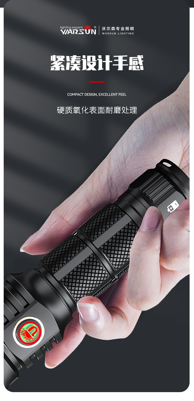 ไฟฉายแรงสูงขนาดกลาง แสงสว่าง ขนาดกระชับมือ Warsun Black หลอด Luminus SST-20 รวมแบตเตอรี่ 21700 1 ก้อน กับที่ชาร์จ USB