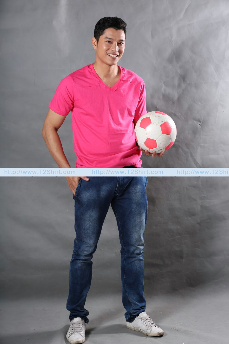 เสื้อยืด คอวี แขนสั้น สีชมพู Pinky Size 2XL