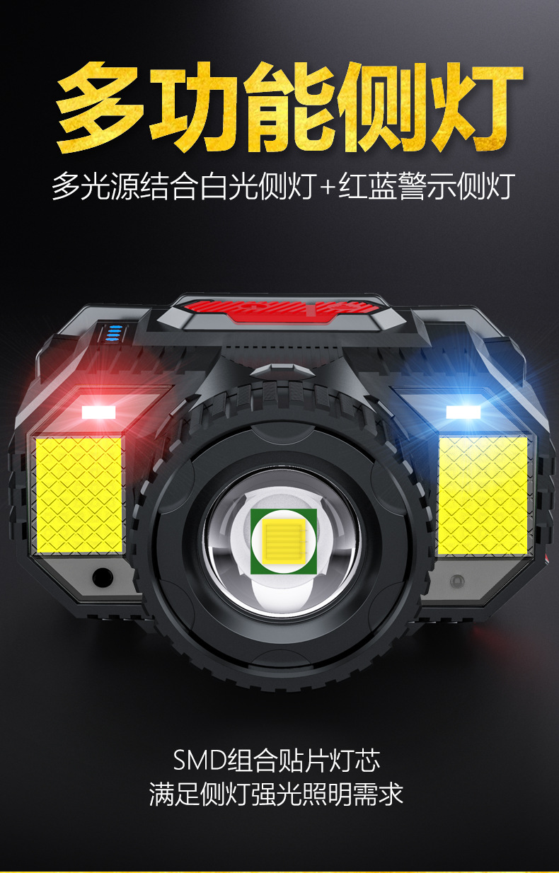 ไฟฉายคาดศีรษะแบบปรับขยายได้ มีหลอด 3 แบบ LED และ COB และ SMD หลอดสี แดง น้ำเงิน Strong Wolf TG-T009 ตัวไฟฉายสีดำ พร้อมอินฟราเรด แสงสีขาว
