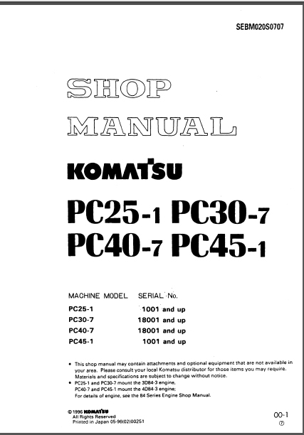 หนังสือ คู่มือซ่อม วงจรไฟฟ้า วงจรไฮดรอลิก จักรกลหนัก PC25-1, PC30-7, PC40-7, PC45-1 (ทั้งคัน) EN