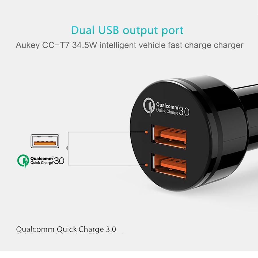 ที่ชาร์จในรถ Aukey 2-Port USB Car Charger with PowerAll (QC 3.0 + QC 2.0 + AIPower) + แถมสาย Aukey USB (CC-T8)