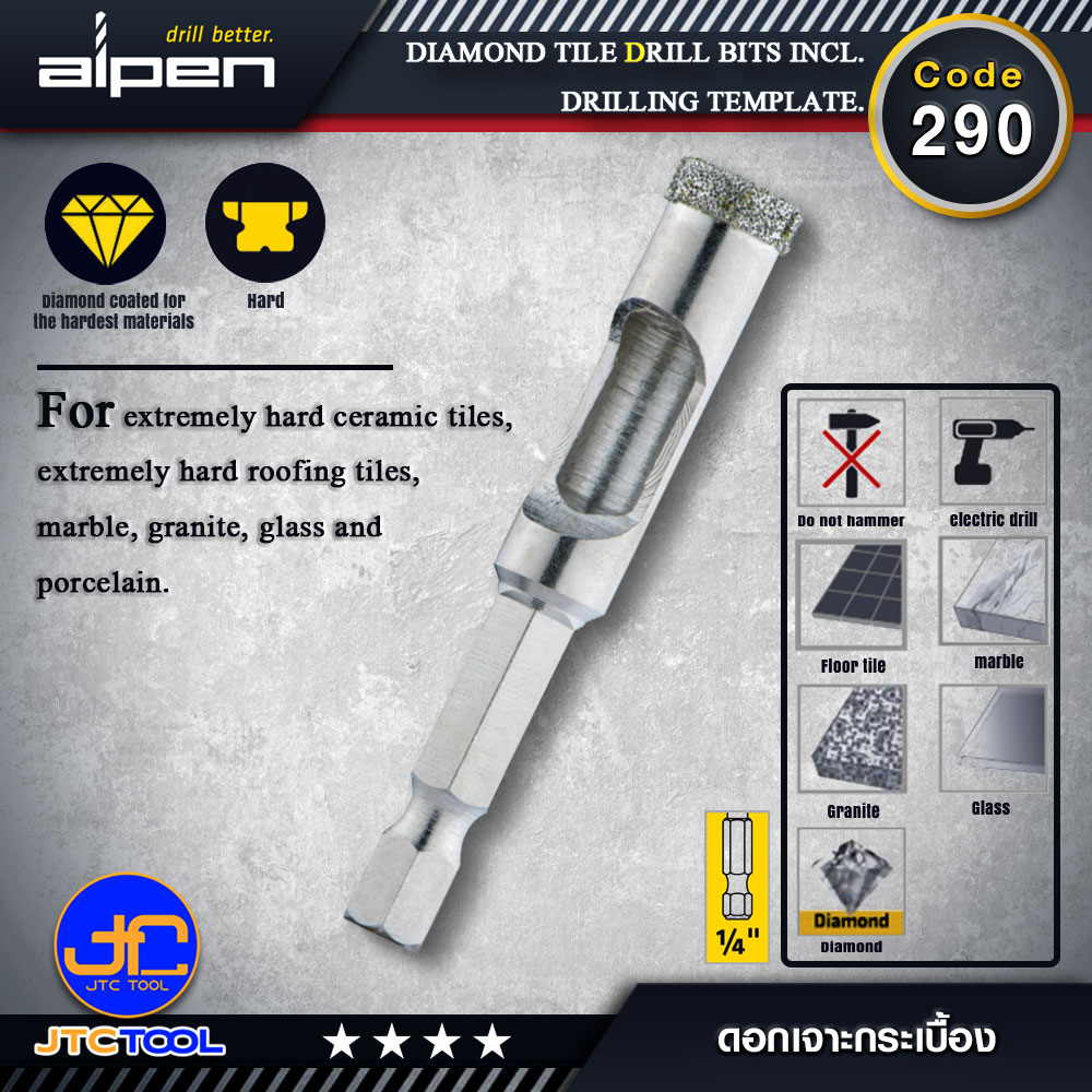 ALPEN ดอกสว่านเจาะกระเบื้อง พร้อมแม่แบบเจาะ - Diamond tile drill bits incl. drilling template