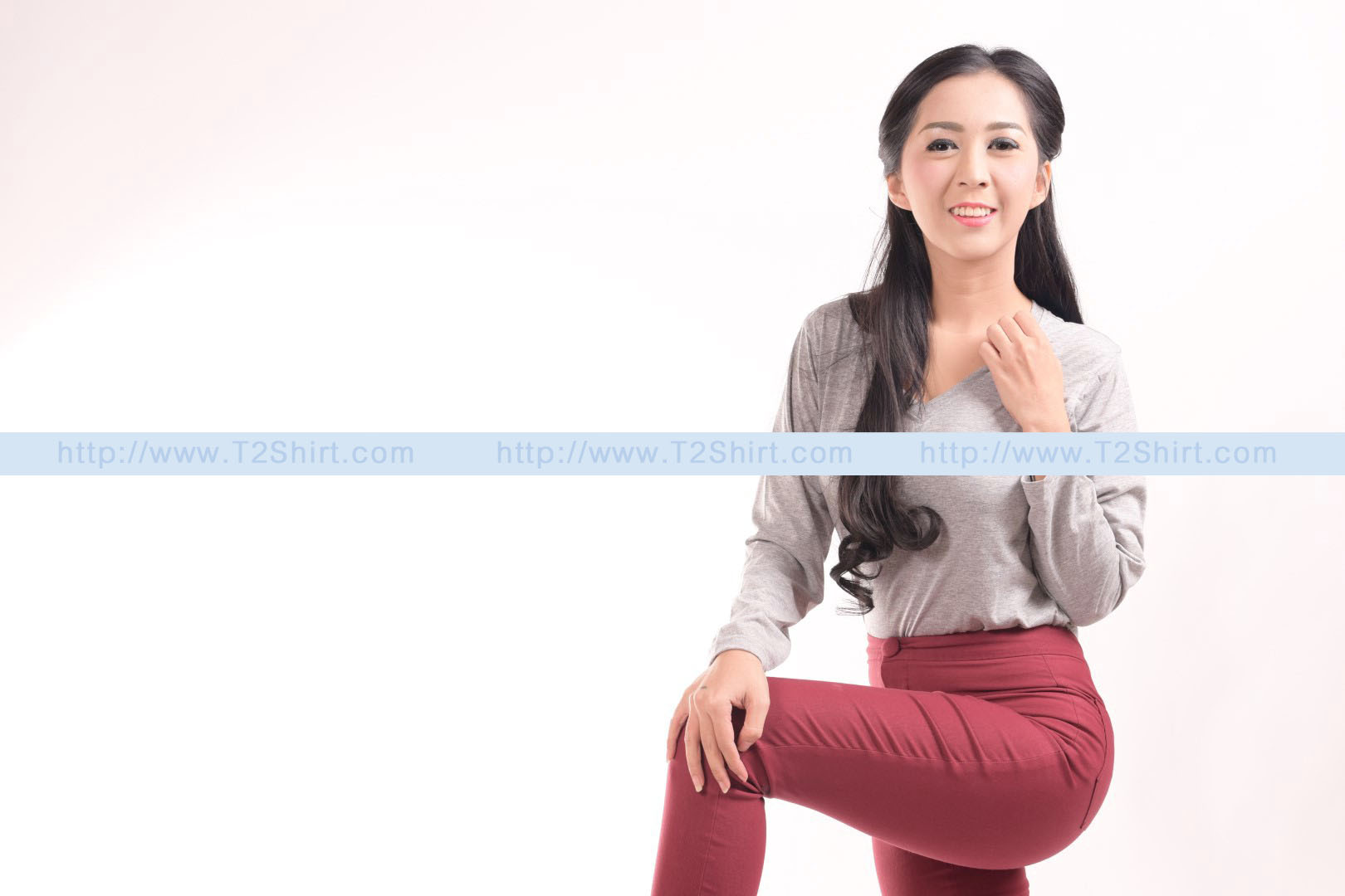 เสื้อยืด คอวี แขนยาว สีเทาท็อปดาย Size M