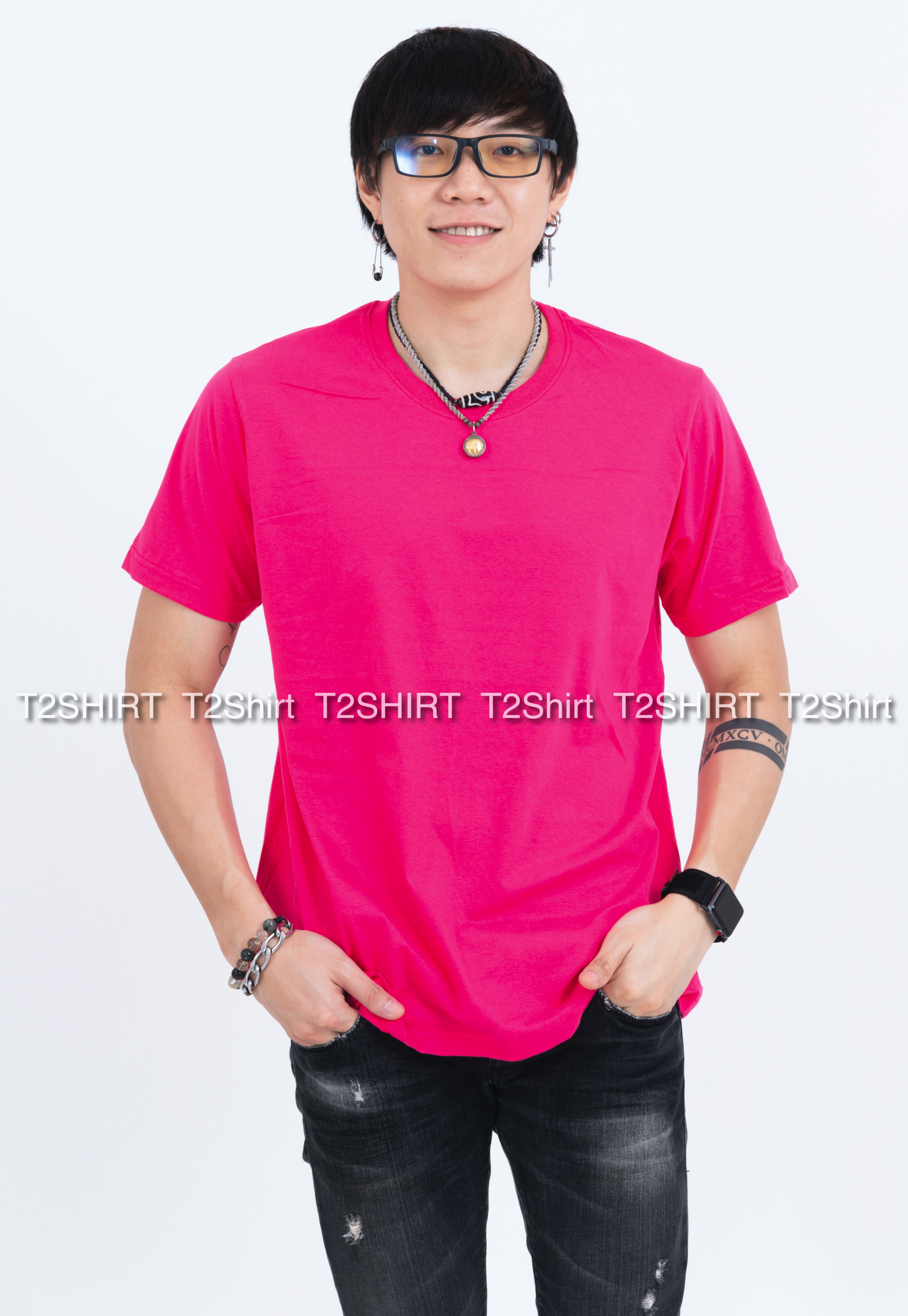 เสื้อยืด คอกลม แขนสั้น สีชมพู Pinky Size M