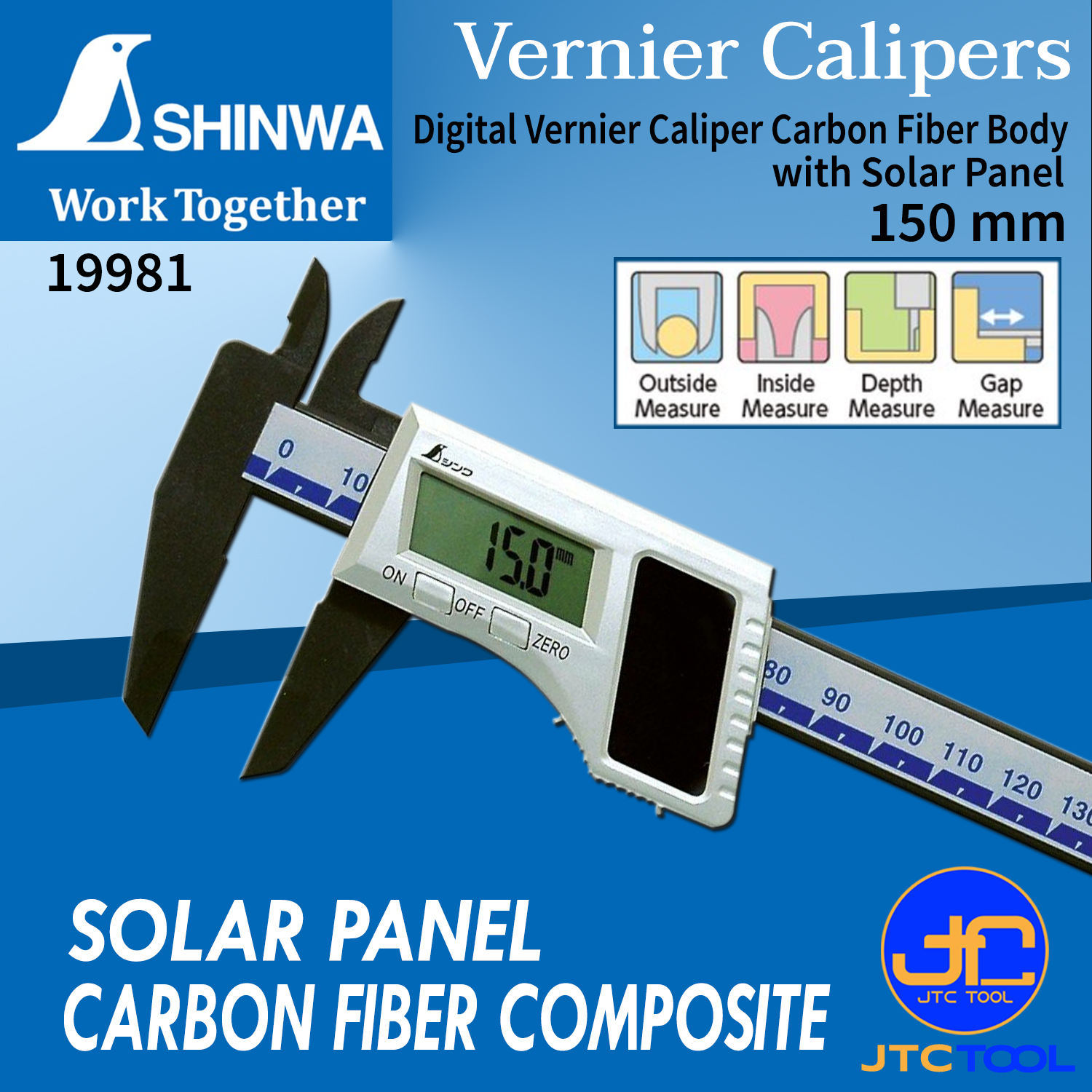 Shinwa เวอร์เนีย คาลิปเปอร์ ดิจิตอลคาร์บอนไฟเบอร์พลังงานแสงอาทิตย์ ขนาด 150มิล รุ่น 19981 - Carbon Fiber Digital Vernier Caliper with Solar Panel Range 150mm. No.19981