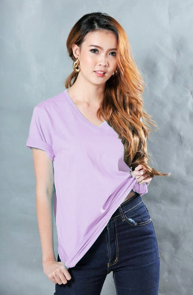 เสื้อยืด คอวี แขนสั้น สีม่วงพาสเทล Size 2XL